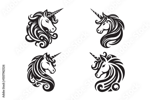 Fantasy Unicorn Head Silhouette Vector Set – Mythical Animal Icons for Magical Design Projects