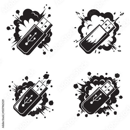 Dynamic usb flash drive explosions black and white silhouette illustrations representing data transfer and digital technology