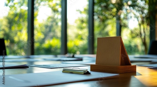 Meeting table, documents, and placard