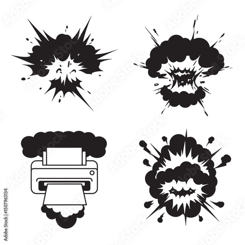 Dynamic black and white graphic elements representing explosions and a printer, providing a silhouette design for visual impact.
