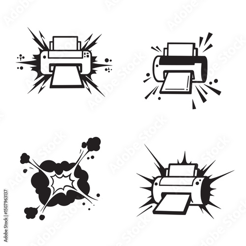 Collection of four creative vector illustrations featuring various design elements of printers represented in striking silhouettes against a white background.