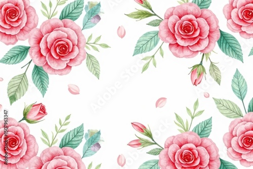 Delicate watercolor roses & leaves, repeating pattern, red, leaves, decor