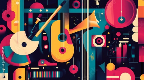 Colorful abstract composition of musical instruments.