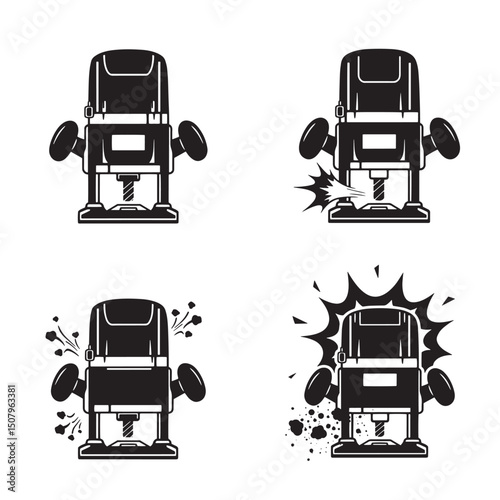 Four distinct silhouette illustrations depicting a wood router in action showcasing various stages of operation in black and white