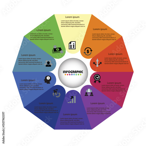 Colorful circular business infographic with 10 petal segments, icons, and editable text for presenting data, strategy, or process in a modern and creative style.








