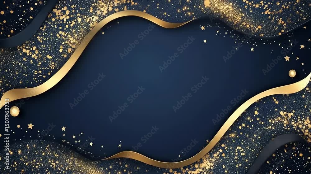 Elegant blue and gold abstract background with wavy lines and sparkling stars for festive designs