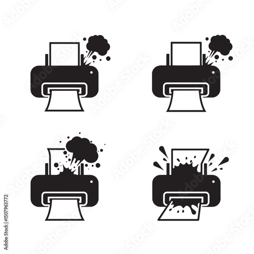 Black and white silhouettes illustrating a printer malfunctioning with ink splatter and smoke, representing printing issues.