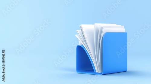 A blue file holder with organized documents against a light blue background.