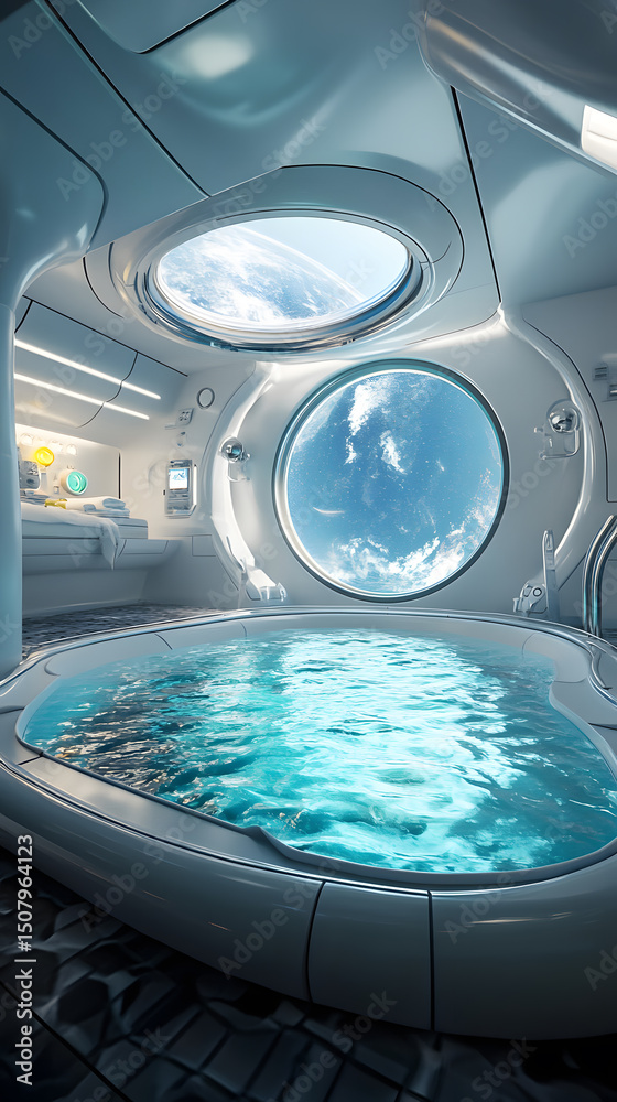 Obraz premium futuristic spa featuring pool and windows offering view of Earth from space, relaxation and luxury.