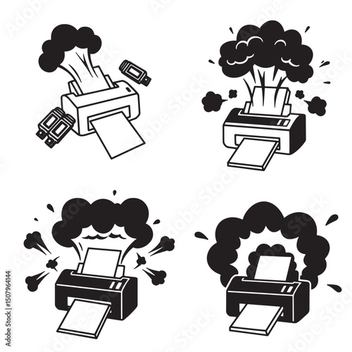 Exploding printer illustrations black and white collection depicting paper jams and technical difficulties suitable for various designs and concepts