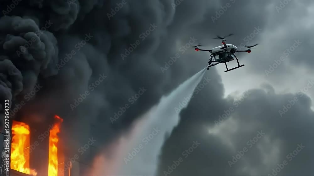 A large drone sprays foam into a burning skyscraper window through thick black smoke and flying embers, urban fire scene with high flames and metal facade. Concept of emergency response technology