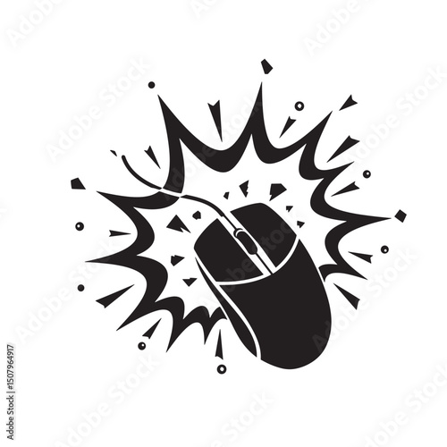 A stylized black and white silhouette graphic of a computer mouse in an explosion graphic representing technology.