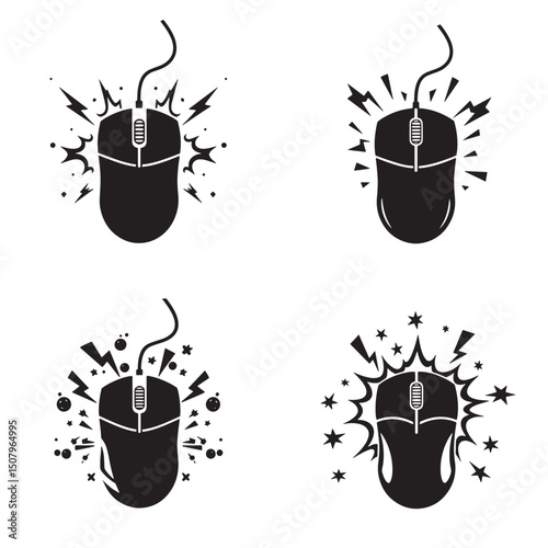 Vector illustration of four stylish computer mouse silhouettes featuring starburst and lightning bolt graphic elements perfect for digital design