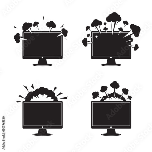 Set of exploding computer monitor silhouettes depicting data overload digital information destruction and technological failure