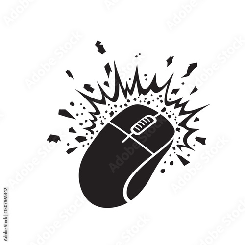 Illustrated monochrome computer mouse with an explosion effect a conceptual graphic design element in vector style perfect for technology concepts and illustrations.