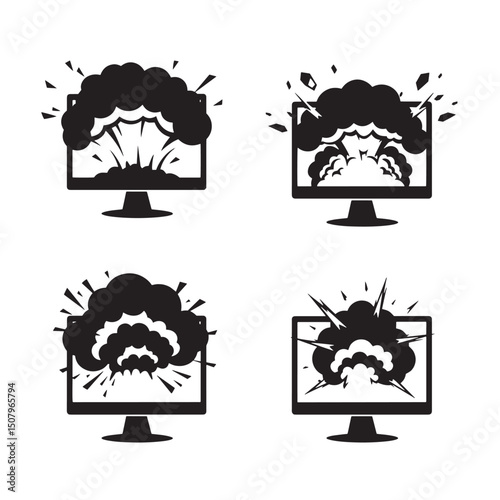 A black silhouette illustration showcasing several computer monitors exploding with stylized cloud bursts depicting destruction and digital crashes.
