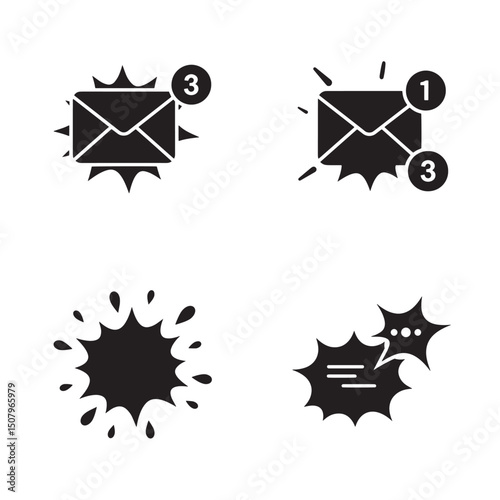 Black and white icons representing notifications communication and design elements in a minimalistic silhouette style