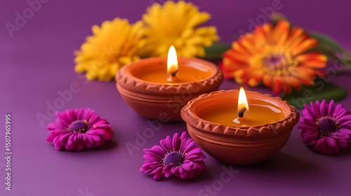 Decorative clay oil lamps and flowers on a purple background.