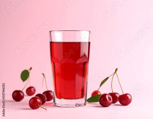 Glass of cherry juice with fresh cherries on pink background