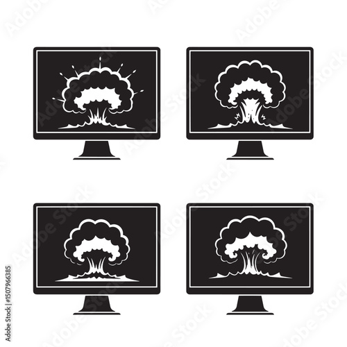 Four black and white computer monitors display a stylized explosion effect in a simple silhouette style for digital concepts