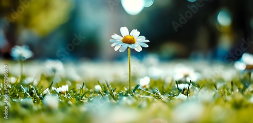 Close up image of a beautiful daisy flower in a meadow with soft focus bokeh background and green grass.