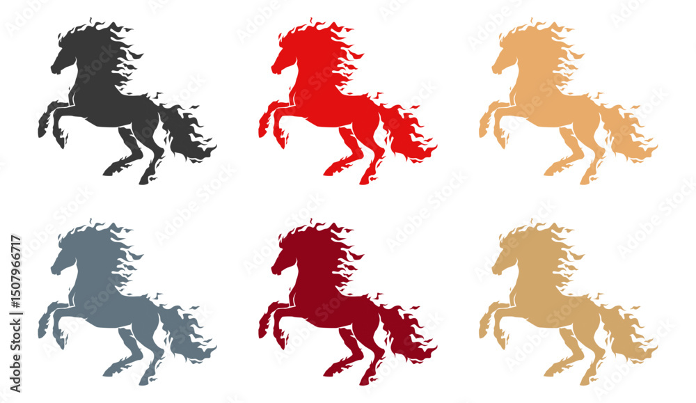 Fototapeta premium Silhouette of galloping horses in various colors. Dynamic and powerful horse shapes with flowing manes, ideal for equestrian themes, sports, freedom, energy, or wild nature concept design