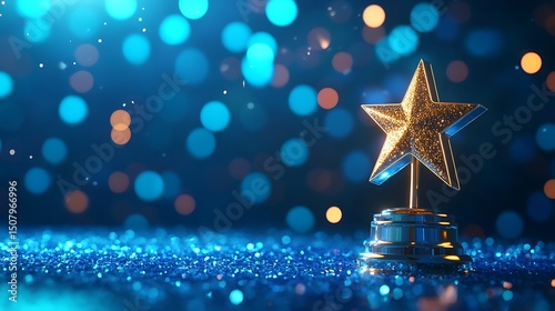 Glittering gold star award on a blue sparkly surface.