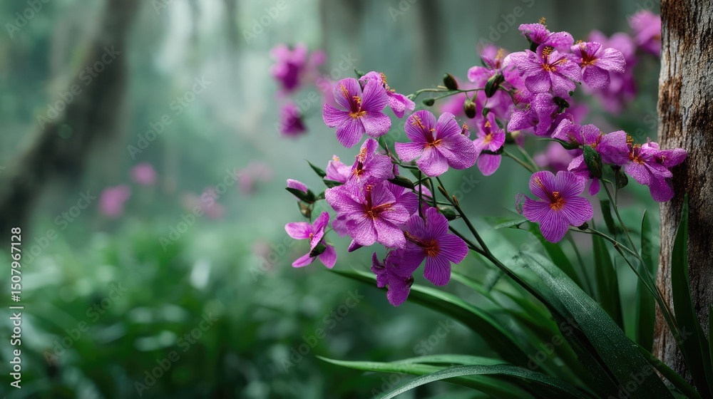Obraz premium Blooming flowers in meadow inside vibrant tropical paradise concept. Close-up of vibrant pink orchids in a lush green forest setting.