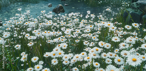 A serene picturesque landscape showcasing a lush field of vibrant daisies along a tranquil body of water with scattered rocks.