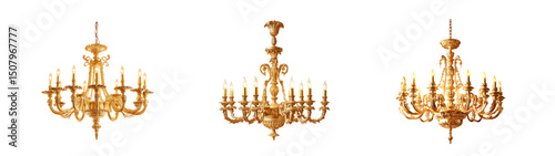 set of Ornate gold chandeliers against a plain background.