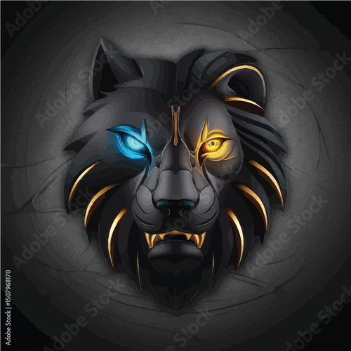 A stunning dark wolf head illustration with striking dual-colored eyes — one glowing blue and the other vibrant yellow. The design features sharp, golden highlights in the fur and fangs, set against a