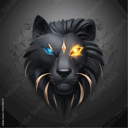 A stunning dark wolf head illustration with striking dual-colored eyes — one glowing blue and the other vibrant yellow. The design features sharp, golden highlights in the fur and fangs, set against a