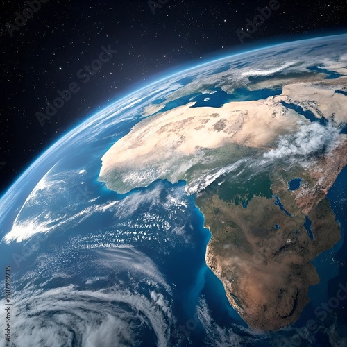 Earth from space showing africa with clouds oceans and stars in the background