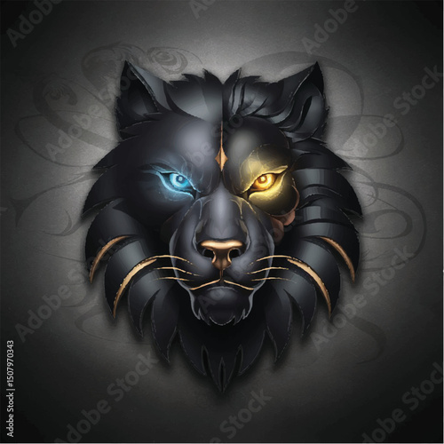 A stunning dark wolf head illustration with striking dual-colored eyes — one glowing blue and the other vibrant yellow. The design features sharp, golden highlights in the fur and fangs, set against a