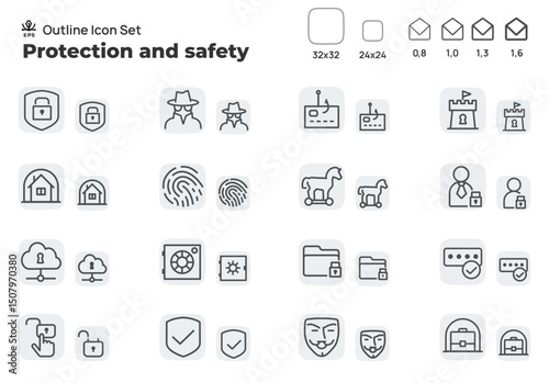 Personal data protection and antivirus software. Concept editable stroke outline icons set isolated on white background flat vector illustration. Pixel perfect