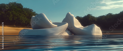 Abstract sculptural forms reflecting in calm water under a clear sky with beach and trees
