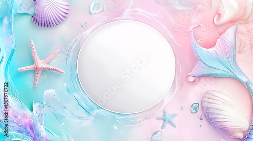 Pastel colored seashells, starfish, and a mermaid tail arranged on a light background.