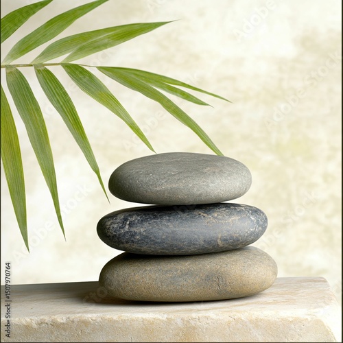 Tranquil Balance of River Stones with Green Leaves on Soft Background