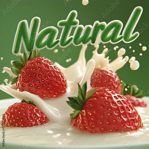 Strawberries splashing in milk, a close-up view.