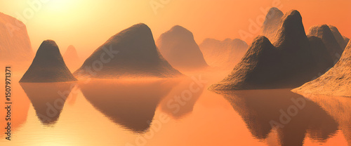 Misty mountain landscape reflected in calm water at sunset or sunrise warm toned scene in a dramatic setting
