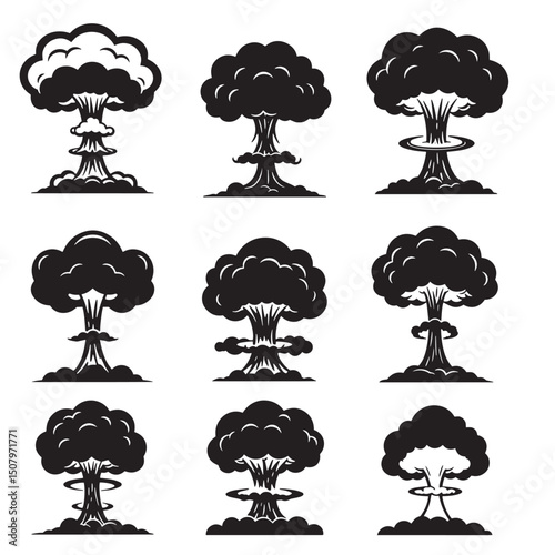Nine stylized black silhouette illustrations of atomic bomb explosion mushroom clouds against a clean white background.