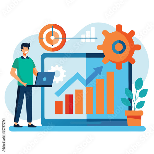 Business analyst monitoring data and achieving financial success on a digital platform
