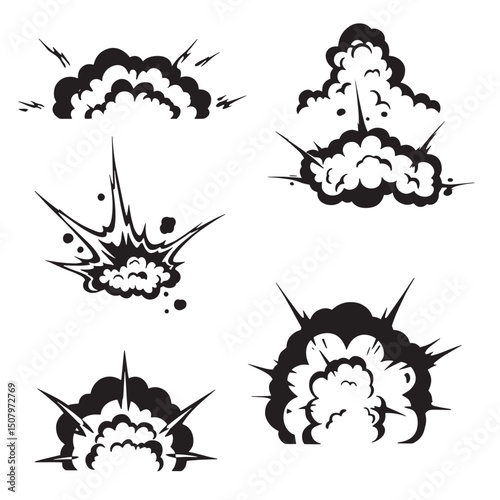 Vector illustration showcasing a collection of dramatic silhouette style explosions and explosive cloud effects isolated on white background