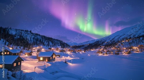 Aurora casting vibrant colors over a serene snowy valley dotted with softly glowing cabins, Generative AI