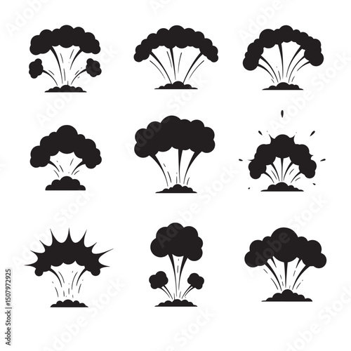 Set of stylized explosion or explosion blast silhouettes in black and white for designs on a white background.