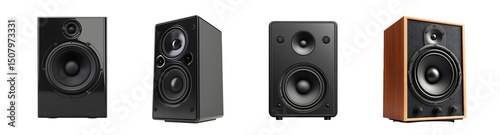 Set of modern audio speakers in various finishes. isolated on transparent background