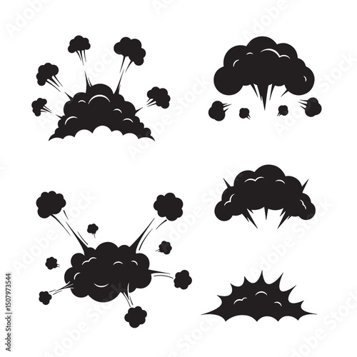 Set of black silhouette comic book explosion effects for dramatic storytelling and dynamic design on a white background