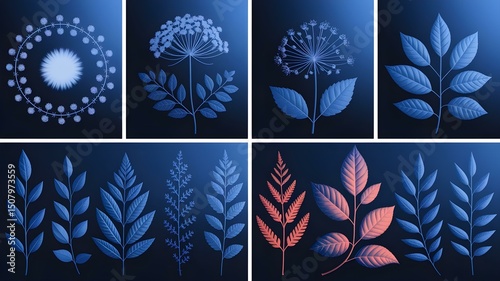 Elegant Botanical Engravings on Dark Blue: Set of Six Detailed Illustrations of Flowers and Leaves - Perfect for Nature, Art, and Design Projects