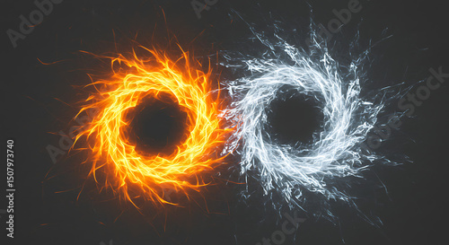 Fiery Orange and Icy Blue Energy Rings Abstract Fire and Ice Swirls Circular Design