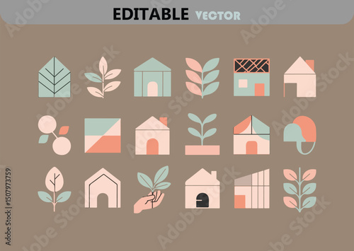 Seamless Pattern of Houses and Plants with a Muted Color Palette Ideal for Home Decor Textiles or Backgrounds with a Modern and Minimalist Aesthetic